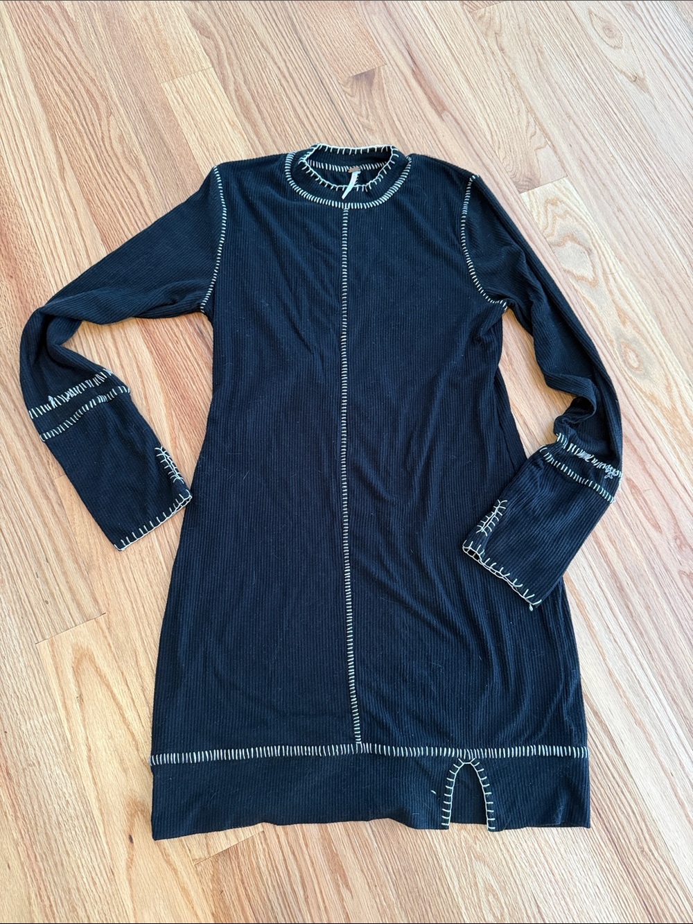 Free People Black Long-Sleeve Ribbed Stitch-Detail Dress